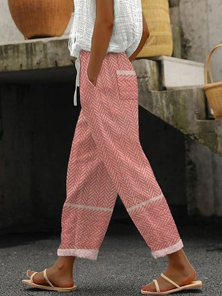 Damen Weite Leinenhose mit handgewebtem Muster Echoarchiv