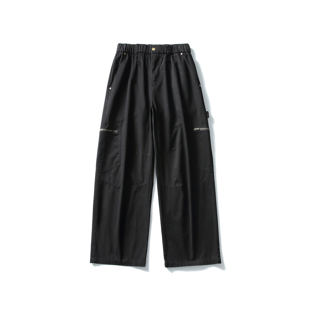 Damen Utility-Cargo-Hose mit weitem Bein, hohem elastischem Bund und Reißverschlusstaschen Echoarchiv
