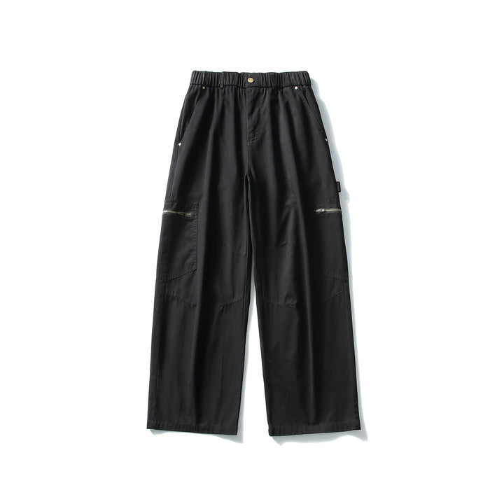 Damen Utility-Cargo-Hose mit weitem Bein, hohem elastischem Bund und Reißverschlusstaschen Echoarchiv