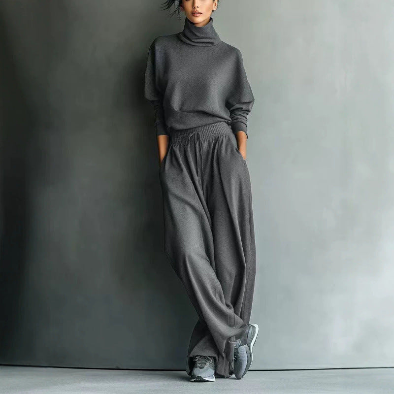 Damen Strick-Loungewear-Set mit Rollkragen und weiten Palazzo-Hosen – Élanora