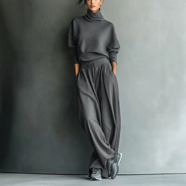 Damen Strick-Loungewear-Set mit Rollkragen und weiten Palazzo-Hosen – Élanora