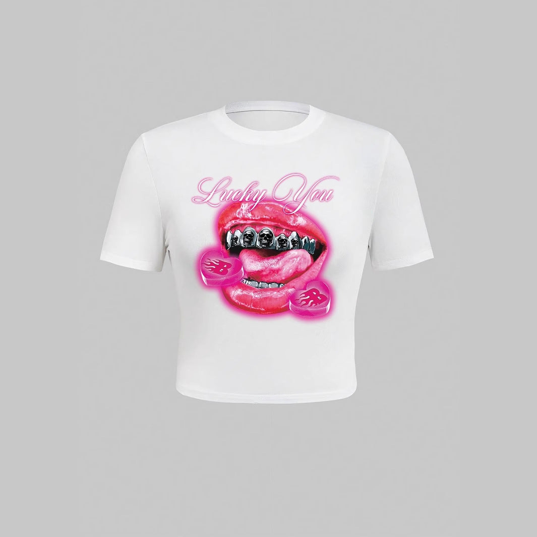 Damen T-Shirt mit kreativem Lippenmotiv und auffälligem Grafikdruck Echo Archiv