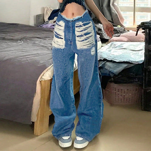 Damen Baggy-Jeans mit stark zerstörten Frontbahnen und hoher Taille Echo Archiv
