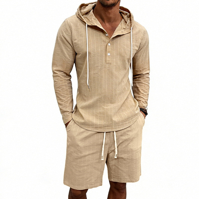 Herren nan gestreiftes Leinenoptik-Kapuzen-Henley-Set mit Tunnelzug-Shorts Echo Archiv