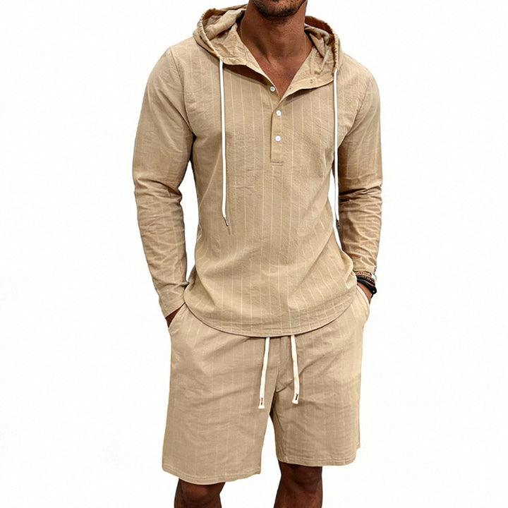 Herren nan gestreiftes Leinenoptik-Kapuzen-Henley-Set mit Tunnelzug-Shorts Echo Archiv