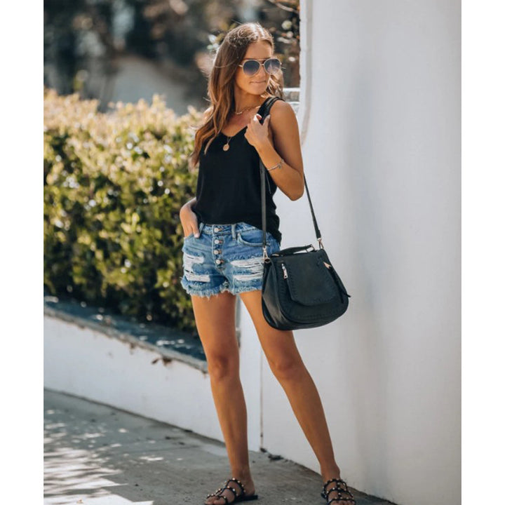 Damen lässige Destroyed Jeansshorts mit Knopfleiste und fransigem Saum Echo Archiv