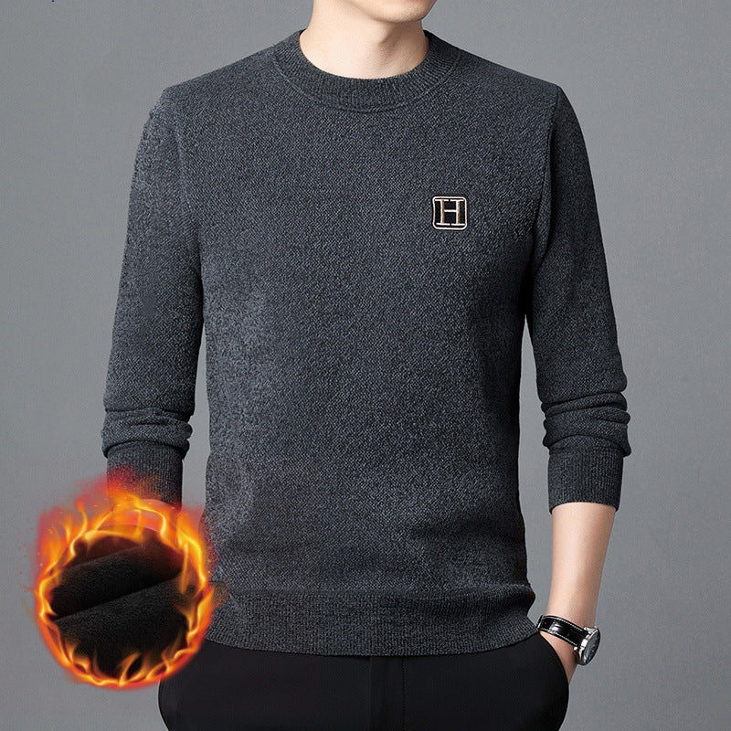 Herren Feiner Thermo-Rundhalspullover aus wärmendem Microfleece mit Slim‑Fit und Logopatch Echoarchiv