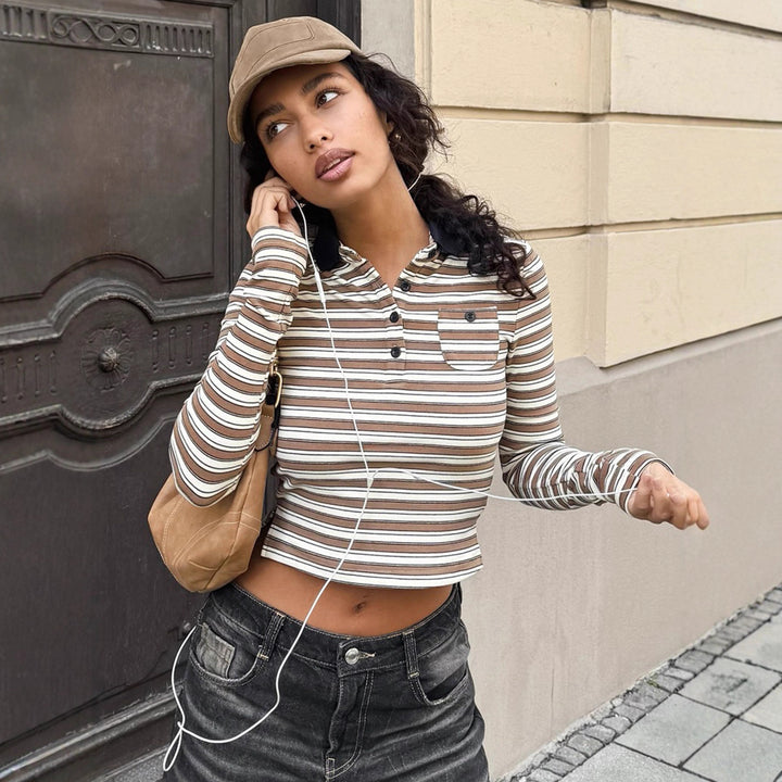 Damen nan gestreiftes Polo-Crop-Longsleeve mit kontrastkragen und Brusttasche Echo Archiv
