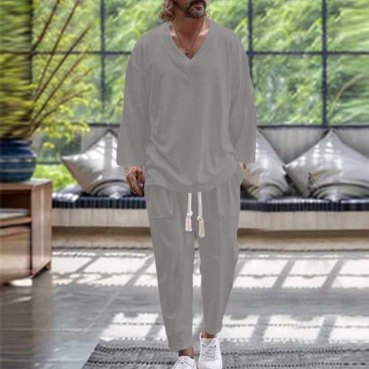 Herren lässiges Zweiteiliges Freizeitoutfit mit V-Ausschnitt und elastischem Bund Echoarchiv