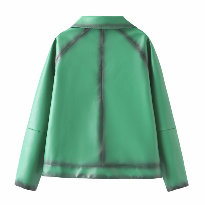 Damen Boxy-Kunstlederjacke mit großem Hemdkragen und durchgehendem Reißverschluss Echoarchiv