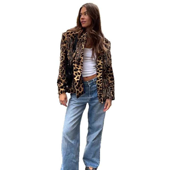 Damen Kurzer Kunstfell-Blouson mit Leopardenprint und Fransen Echoarchiv