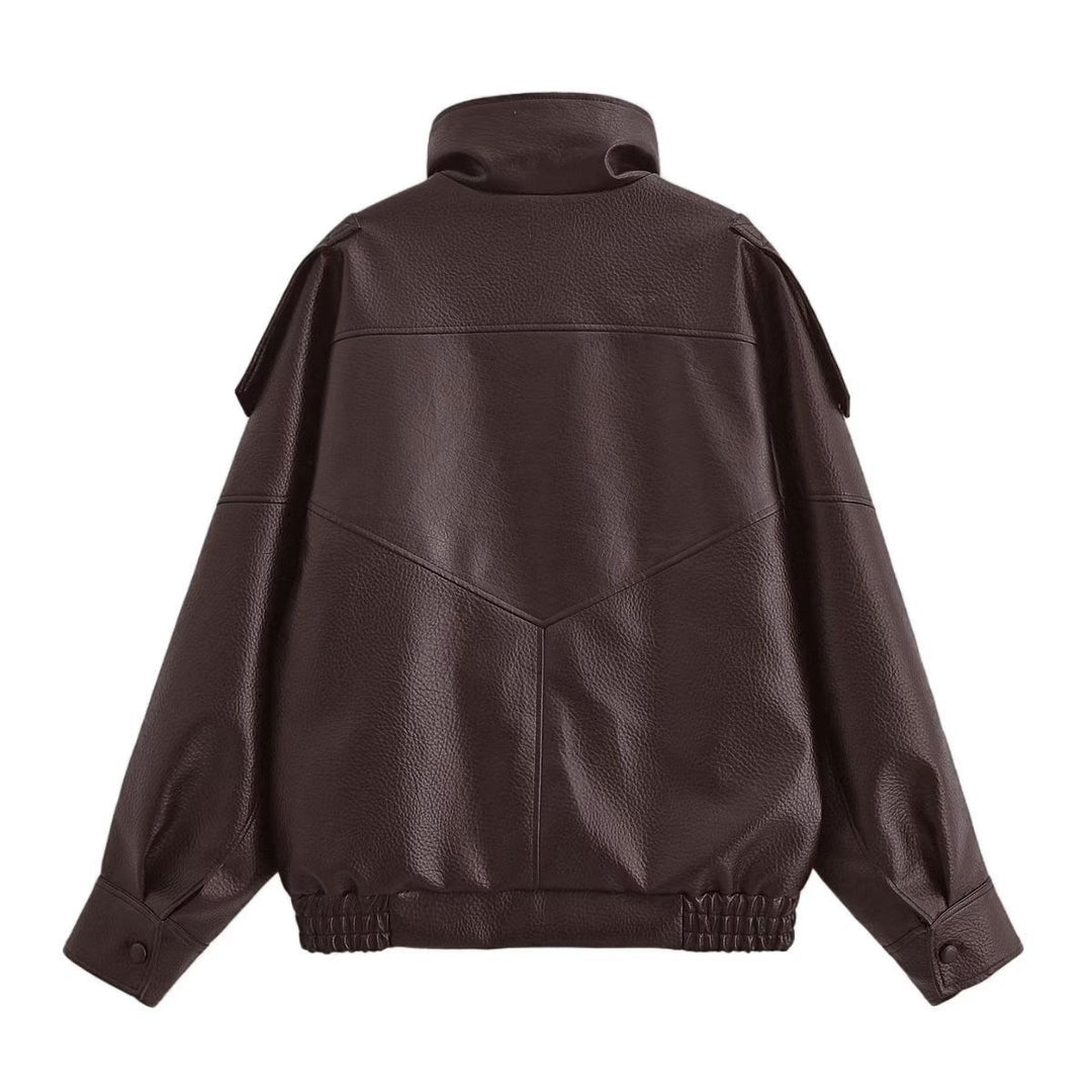 Damen nan Oversize Kunstleder-Bomberjacke mit hohem Stehkragen, Druckknopfblende und smockbündchen Echo Archiv