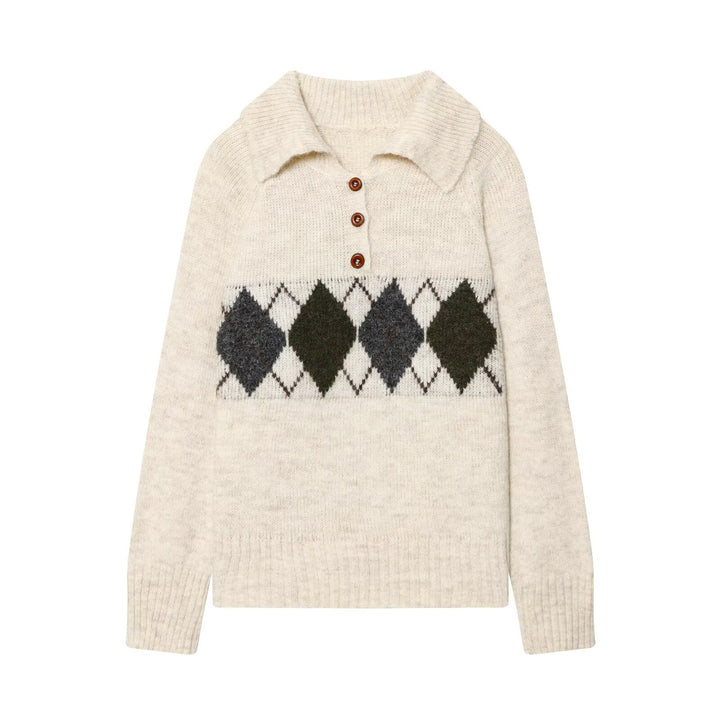 Damen Grobgestrickter Pullover mit Polokragen, 3‑Knopf‑Leiste und Argyle‑Dekor Echo Archiv