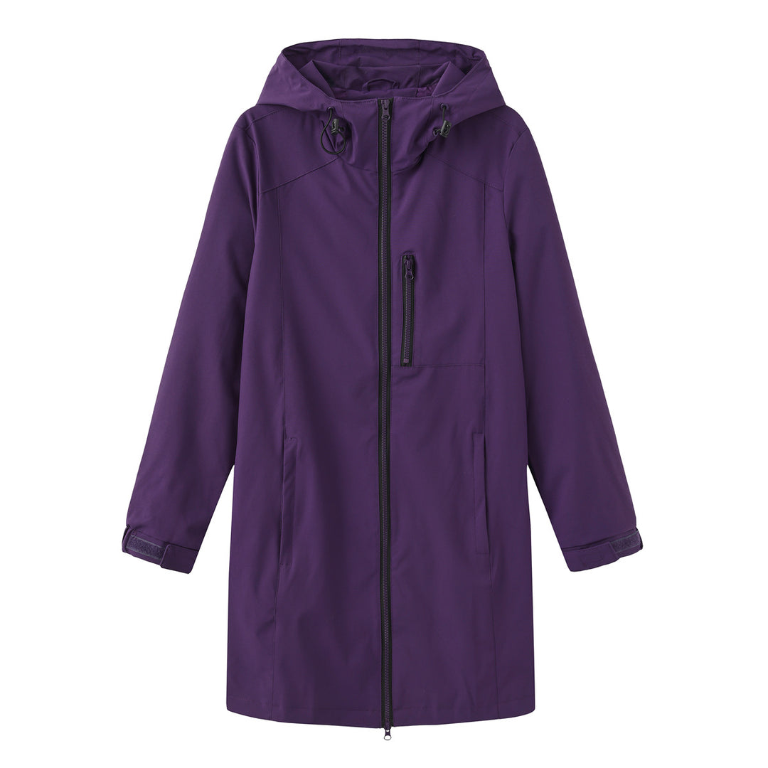 Damen nan lange schlanke Funktionsregenjacke mit durchgehendem Reißverschluss Brustreißverschlusstasche und Klettmanschetten Echo Archiv