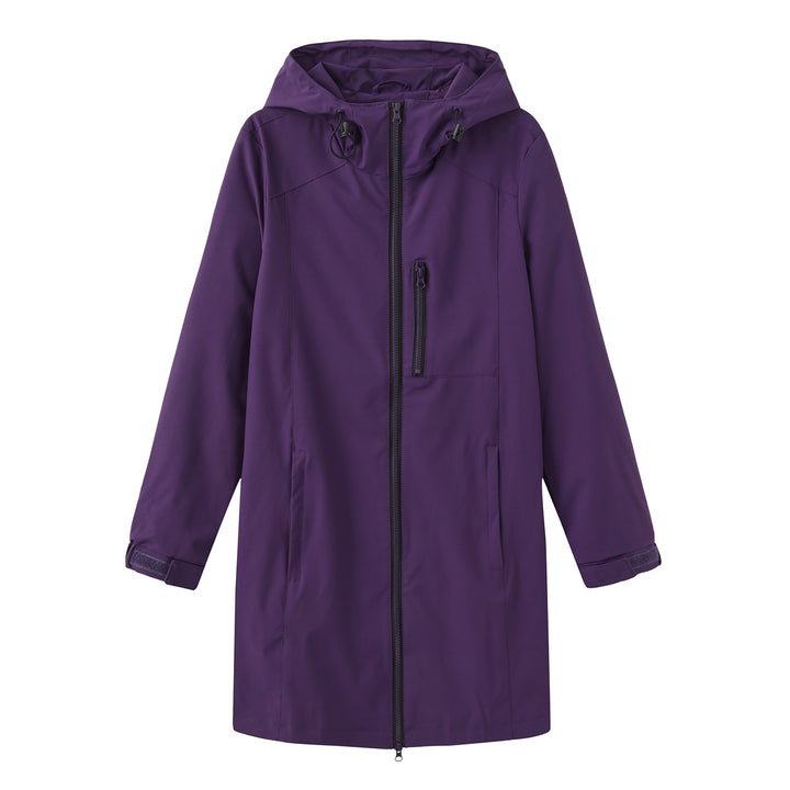 Damen nan lange schlanke Funktionsregenjacke mit durchgehendem Reißverschluss Brustreißverschlusstasche und Klettmanschetten Echo Archiv