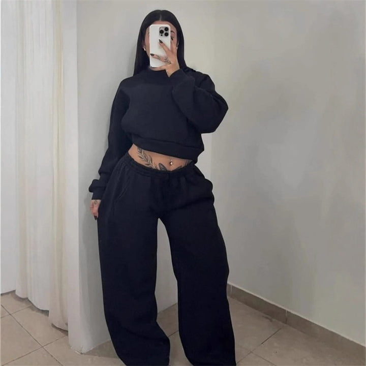 Damen Cropped-Sweatshirt mit hohem Rundhalsausschnitt und elastischer Tunnelzug Wide-Leg Jogginghose Set – Avérine