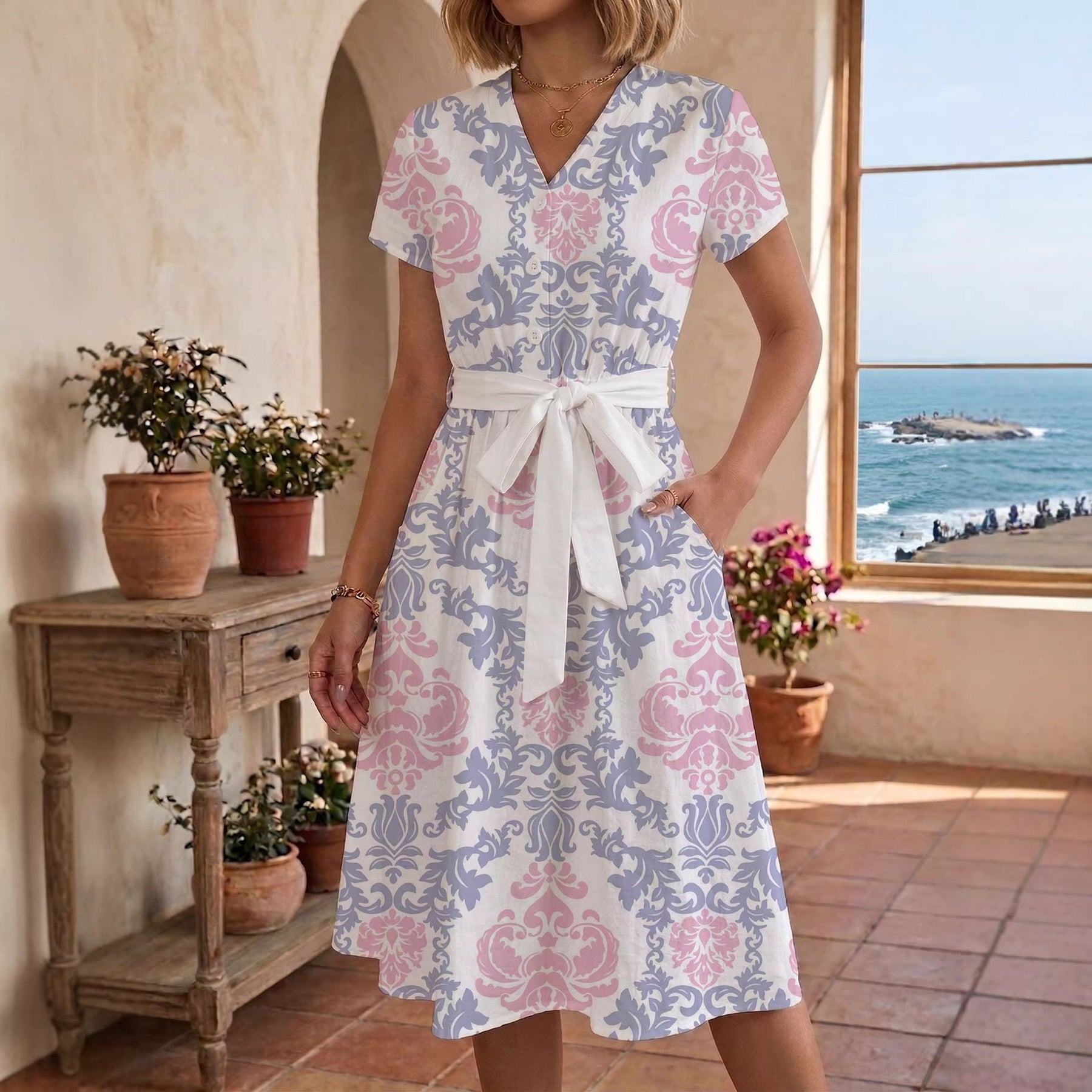 Damen Sommerliches Kleid mit taillierbarem Bindegürtel und floralem Muster Echo Archiv