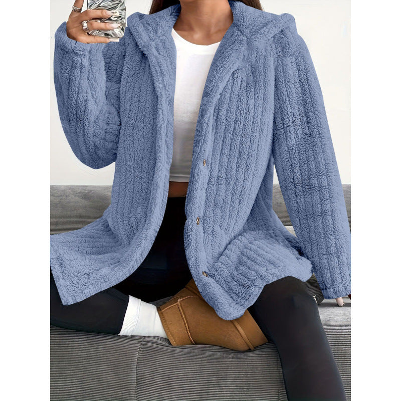 Damen Kapuzen-Teddy-Mantel mit Knopfleiste und Oversize-Schnitt Echo Archiv