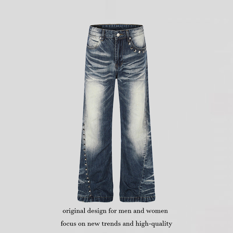 Damen Hochtaillierte weite Schlagjeans mit Used‑Waschung und Nietenbesatz Echoarchiv