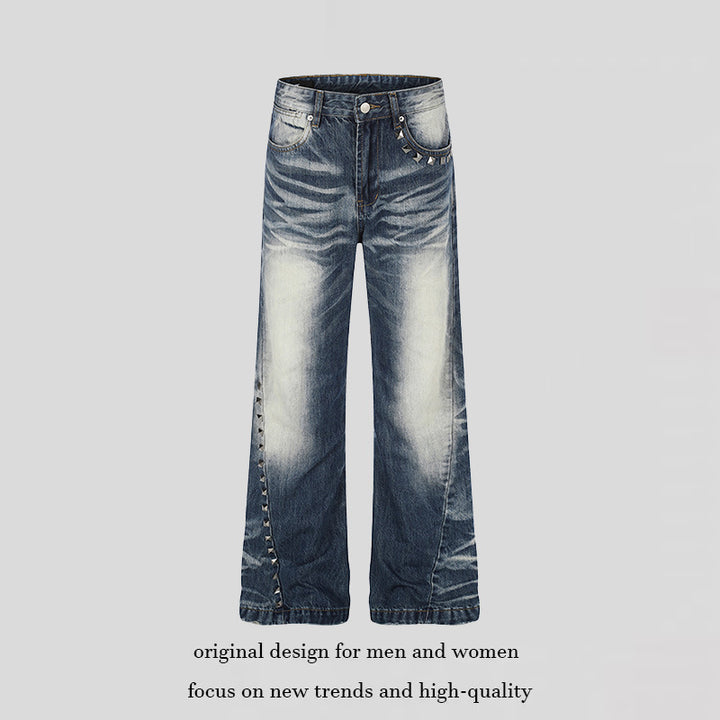 Damen Hochtaillierte weite Schlagjeans mit Used‑Waschung und Nietenbesatz Echoarchiv