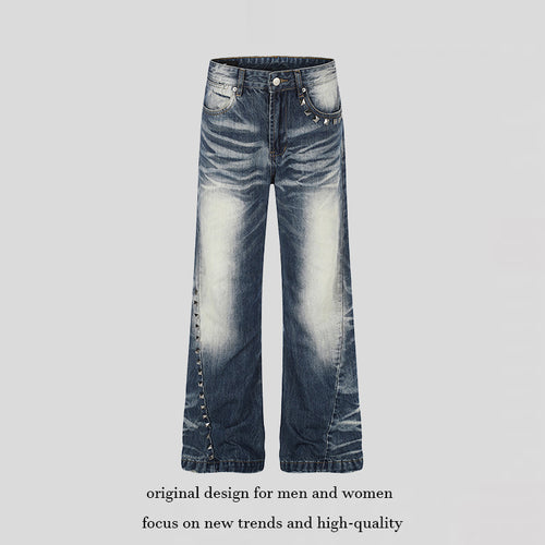 Damen Hochtaillierte weite Schlagjeans mit Used‑Waschung und Nietenbesatz Echoarchiv