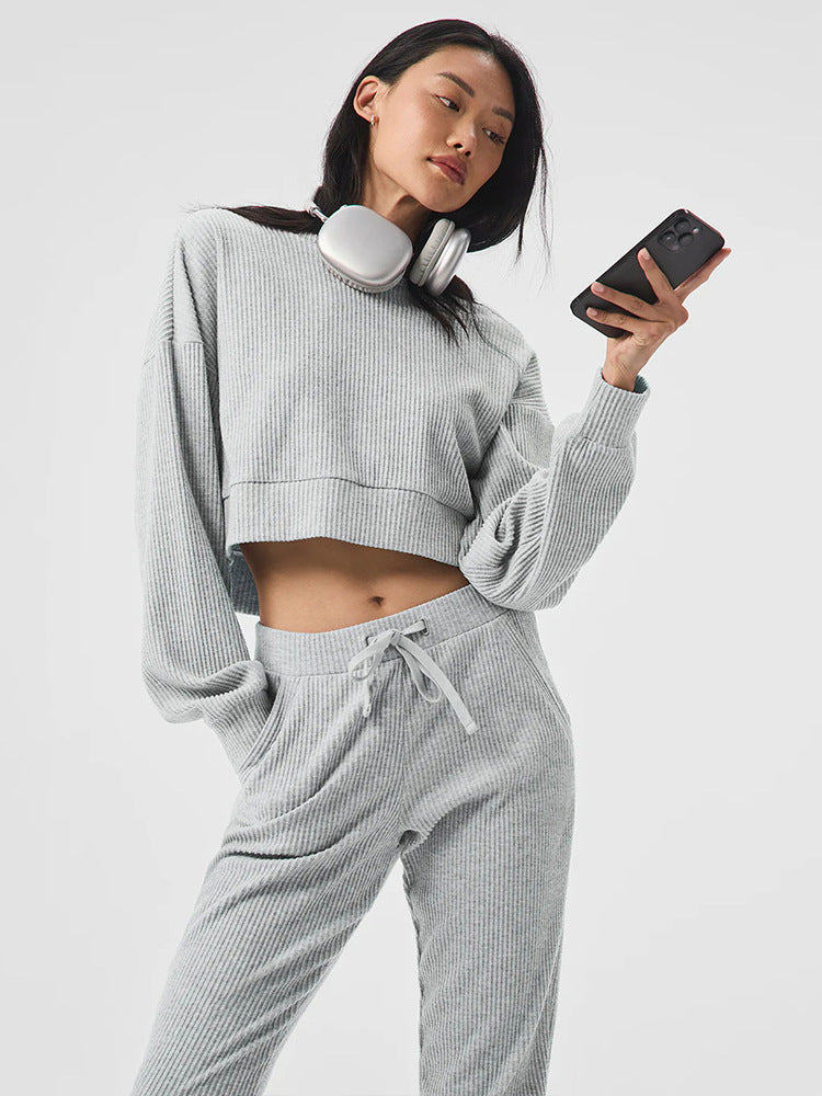 Damen Gerippte High‑Waist Loungehose mit Kordelzug und Bündchen – Avélisse