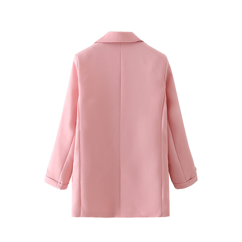 Damen lang geschnittener Oversize-Blazer mit weitem Revers aufgesetzten Pattentaschen und krempelbaren Ärmeln – Valéne