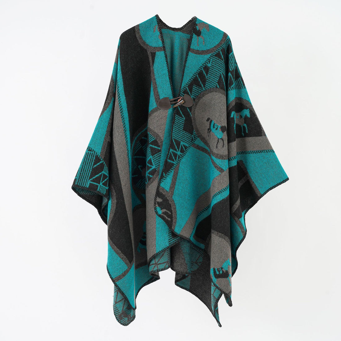 Damen Wollmix-Jacquard-Ruana mit Pferdemotiv, Knebelverschluss und offener Kimono-Silhouette – Montévia