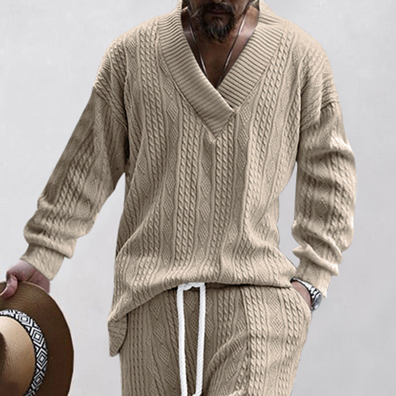 Herren Oversize-Zopfmuster-Pullover mit tiefem V-Ausschnitt Echoarchiv