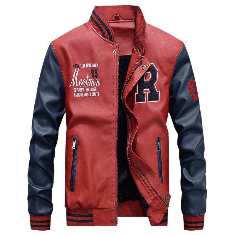 Herren nan Varsity-Lederjacke im College‑Stil mit gesticktem Logopatch, kontrastärmel‑Design und gerippten Bündchen Echo Archiv