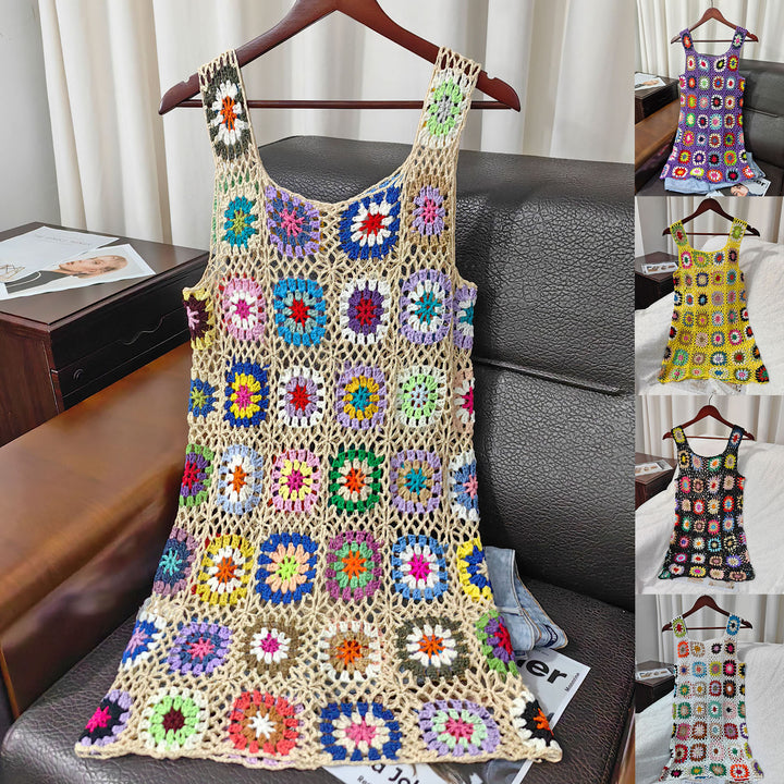 Damen luftiges Häkelkleid mit buntem Granny-Quadrat-Muster Echo Archiv