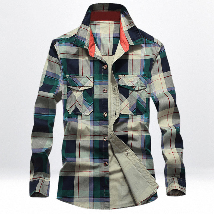 Herren kariertes Hemdjacke im Utility‑Stil mit Brustpattentaschen und Kontrastkragen – Taviero