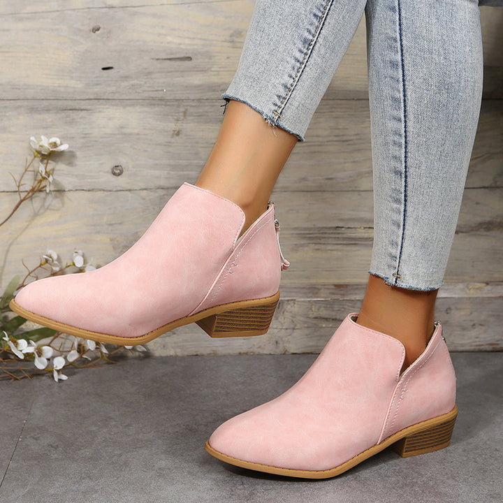 Damen Metallic-Ankleboots mit spitzer Kappe, Rückreißverschluss und niedrigem Blockabsatz Echoarchiv