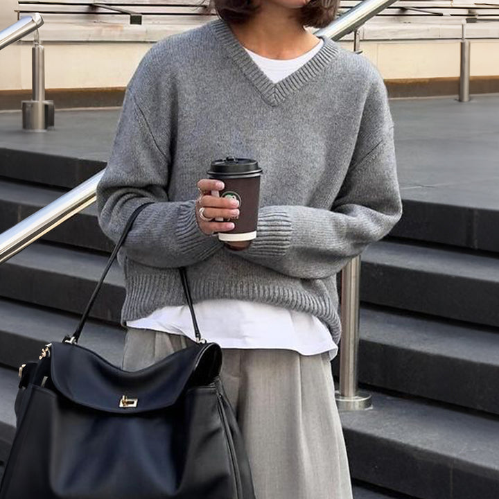 Damen nan oversized V-Ausschnitt Feinstrickpullover mit überschnittener Schulter, langen Kimonärmeln und breitem Rippbund Echo Archiv