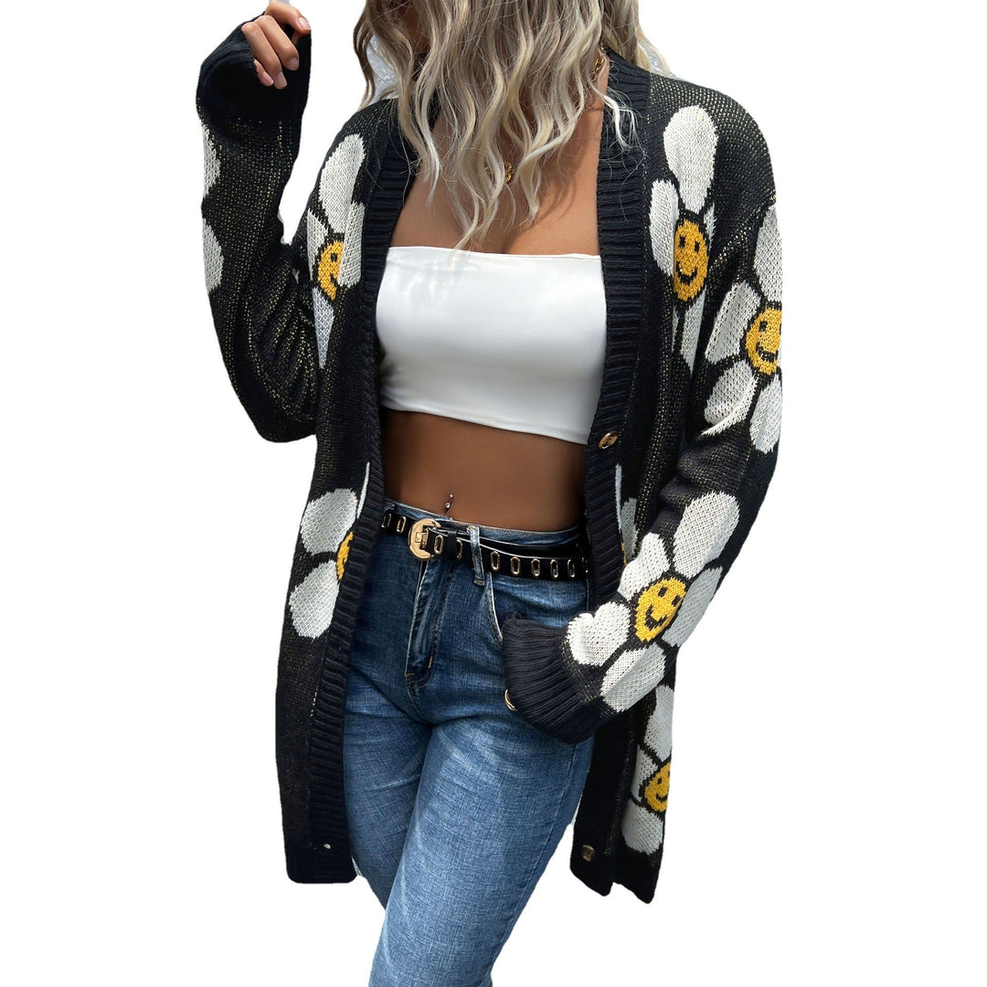 Damen Langer Blumenjacquard-Strickcardigan mit Oversize-Ärmeln und Rippbund Echoarchiv