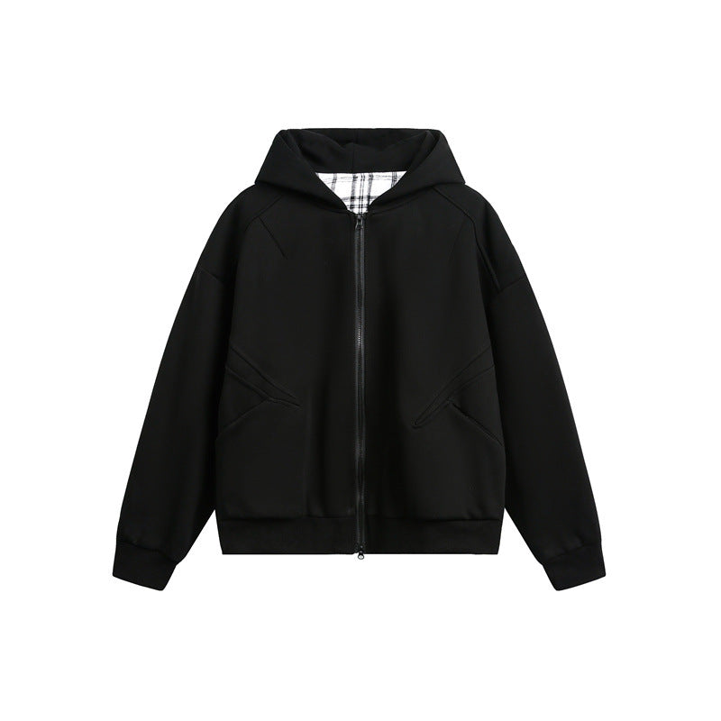 Unisex Kapuzen‑Sweatjacke mit Zweiwege‑Reißverschluss und kariertem Kapuzenfutter Echoarchiv