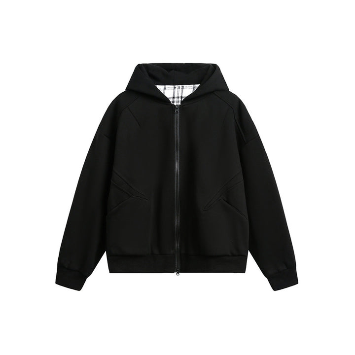 Unisex Kapuzen‑Sweatjacke mit Zweiwege‑Reißverschluss und kariertem Kapuzenfutter Echoarchiv