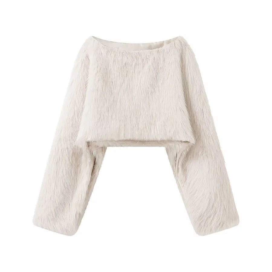 Damen nan kuscheliger Cropped-Fellpullover mit weitem Bootneck und voluminösen Ärmeln Echo Archiv