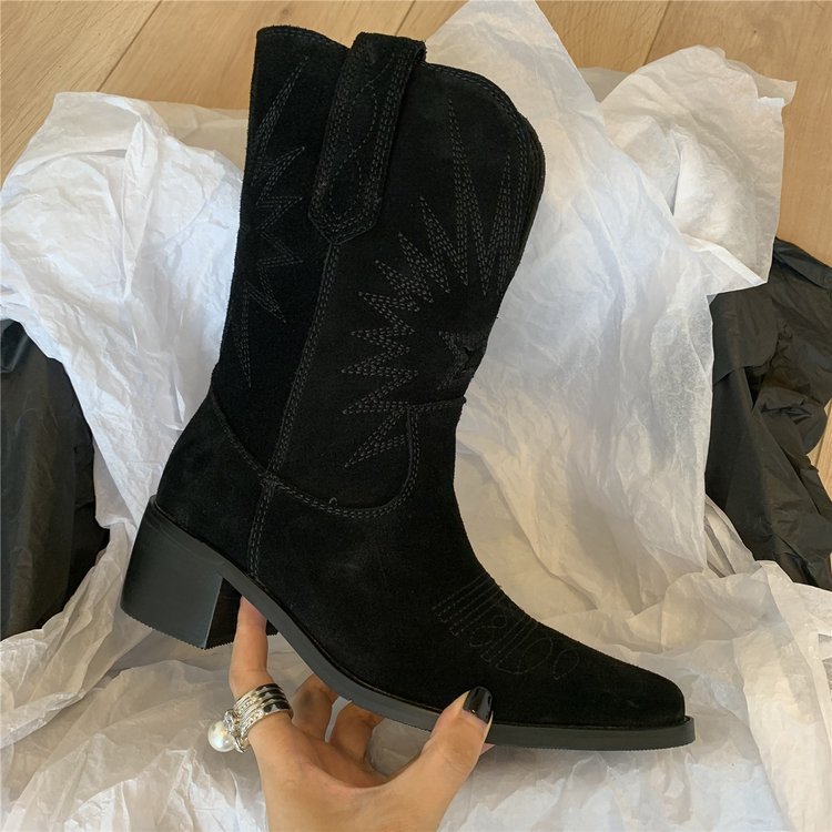 Damen nan Wildleder Westernstiefel mit spitzer Kappe und mittelhohem Blockabsatz Echo Archiv
