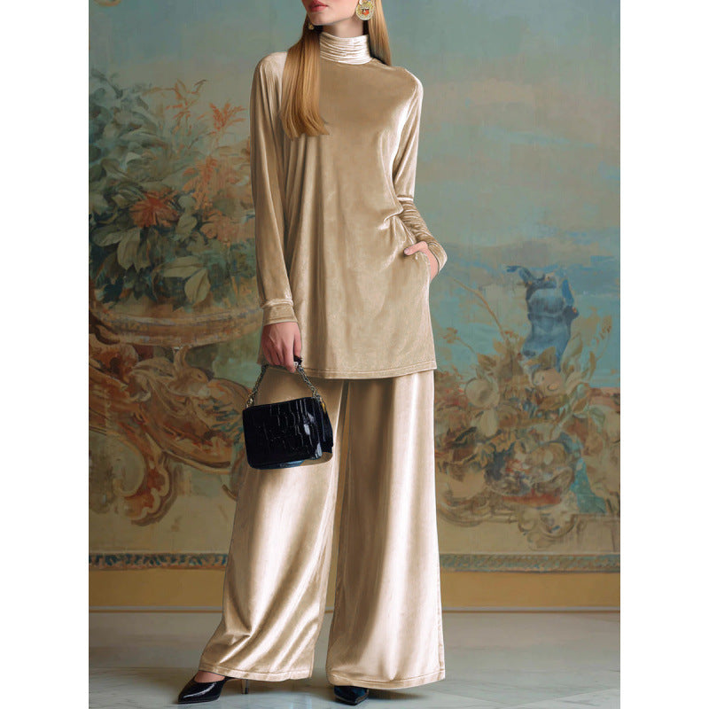 Damen Oversize-Samt-Set mit Rollkragen und weitem Palazzohose Echo Archiv