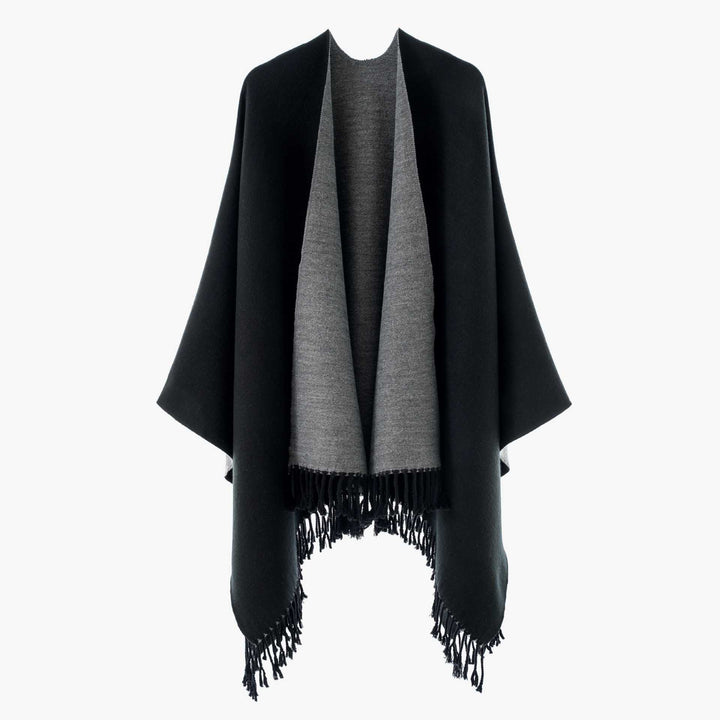 Damen Wendbarer Wollmix-Poncho mit Fransensaum und offener Front – Avérine