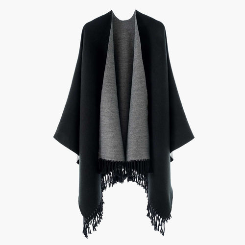 Damen Wendbarer Wollmix-Poncho mit Fransensaum und offener Front – Avérine