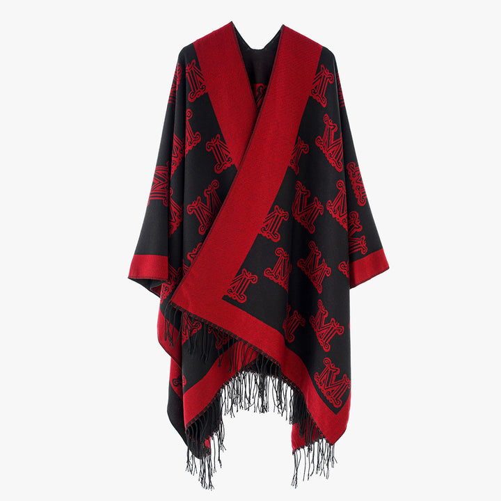 Damen Jacquardponcho mit Monogramm-Allover und Fransensaum – Avérine