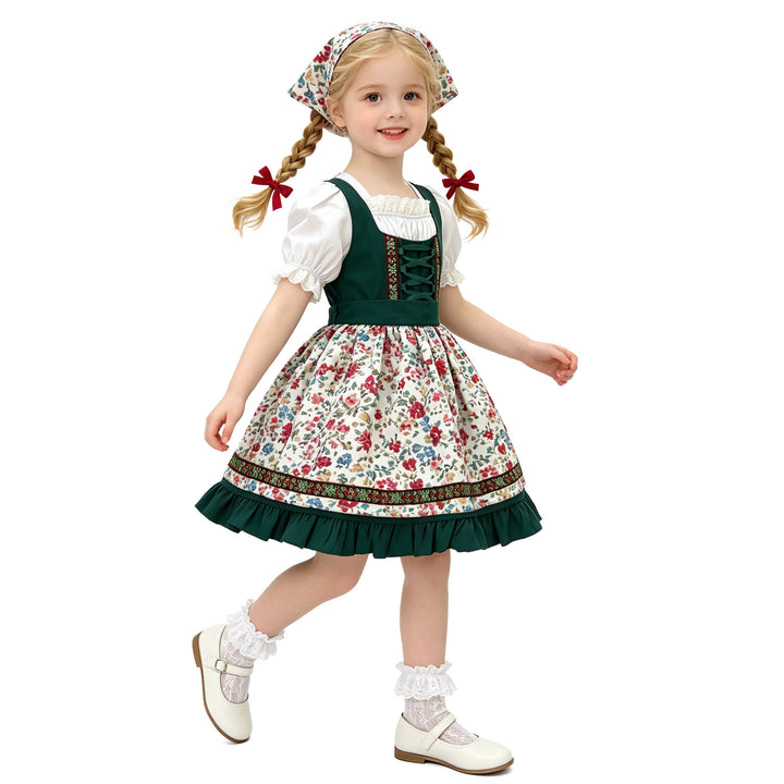 Damen nan traditionelles Kinderdirndl mit Schürze Haarband Spitzenbluse und Zierschnürung Echo Archiv