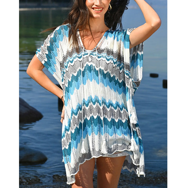 Damen lässiger Strandkimono im Wellenmuster mit offenen Ärmeln und seitlichen Schlitzen Echo Archiv