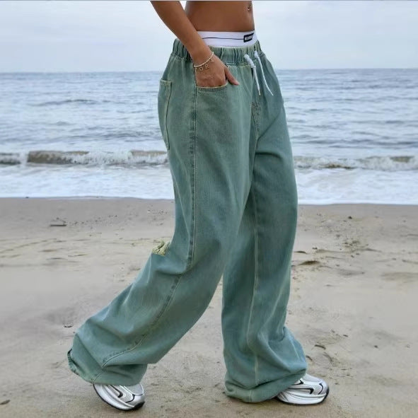 Damen Weite Vintage-Denim-Hose mit elastischem Tunnelzugbund und bodenlangem Baggy-Schnitt Echo Archiv
