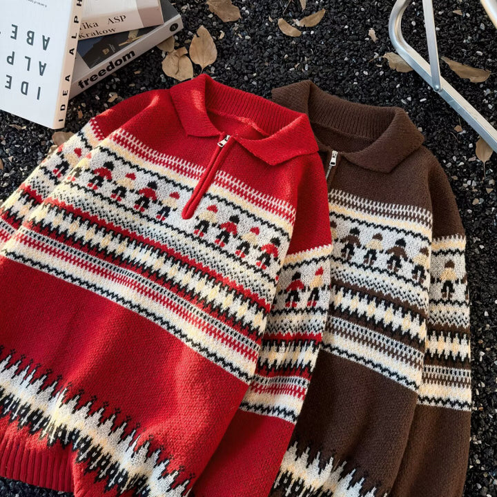 Damen Jacquard-Halbzip-Pullover mit Polokragen und Norweger‑Intarsie Echoarchiv