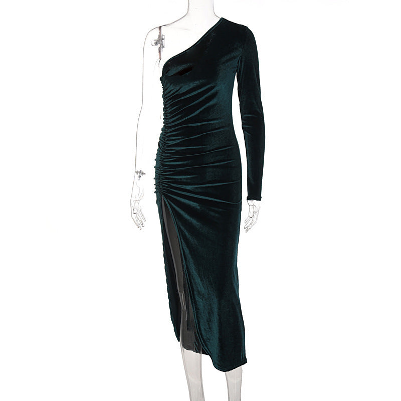 Damen stilvolles Ein-Schulter-Kleid mit Raffungen und Schlitz Echo Archiv
