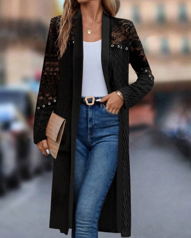 Damen nan langer Spitzen-Cardigan mit Ösenbesatz, transparenten Ärmeln und strukturierter Strickoptik Echo Archiv