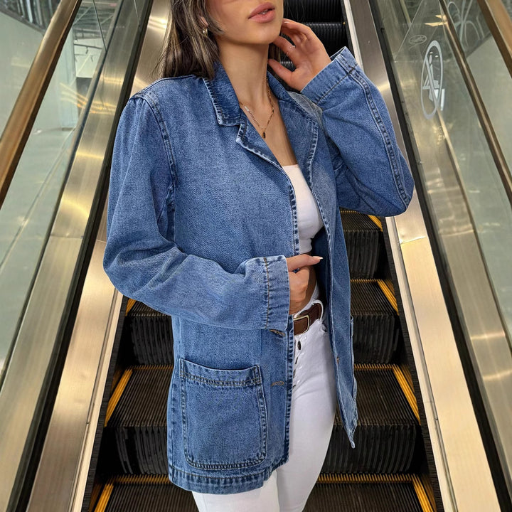 Damen Longline-Denimjacke mit lässigem Oversize-Schnitt und aufgesetzten Taschen Echo Archiv